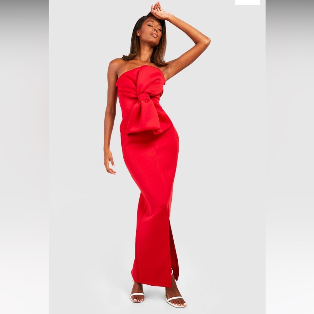 Bow Front Strapless Scuba Evening Gown